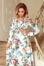  245-1 Long dress with frill and cleavage - colorful roses and blue birds 