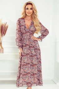  378-1 Chiffon midi dress - brown boho pattern 