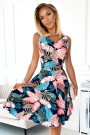  114-17 Flared dress - heart-shaped neckline - navy blue with pink leaves 