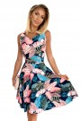  114-17 Flared dress - heart-shaped neckline - navy blue with pink leaves 
