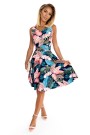  114-17 Flared dress - heart-shaped neckline - navy blue with pink leaves 