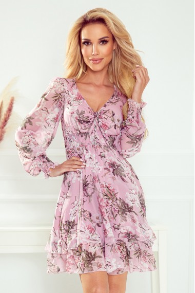  410-1 MONICA chiffon dress with a tied neckline - dirty pink + flowers 