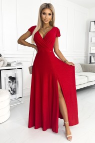  411-2 CRYSTAL long shimmering dress with a neckline - red 