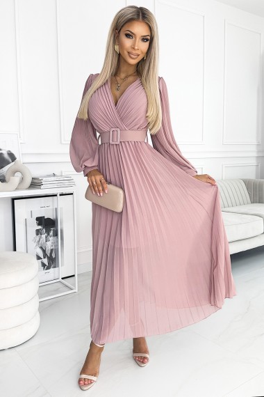  414-2 KLARA pleated dress with a belt and a neckline - powder pink 