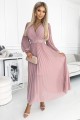  414-2 KLARA pleated dress with a belt and a neckline - powder pink 