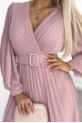  414-2 KLARA pleated dress with a belt and a neckline - powder pink 