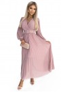  414-2 KLARA pleated dress with a belt and a neckline - powder pink 