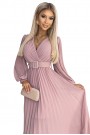  414-2 KLARA pleated dress with a belt and a neckline - powder pink 