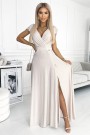  411-4 CRYSTAL long shimmering dress with a neckline - beige 