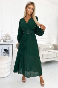  414-1 KLARA pleated dress with a belt and a neckline - bottle green 