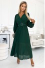  414-1 KLARA pleated dress with a belt and a neckline - bottle green 