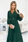  414-1 KLARA pleated dress with a belt and a neckline - bottle green 