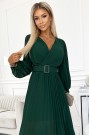  414-1 KLARA pleated dress with a belt and a neckline - bottle green 