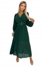  414-1 KLARA pleated dress with a belt and a neckline - bottle green 