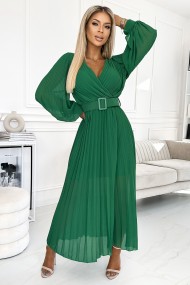 414-3 KLARA pleated dress with a belt and a neckline - green 
