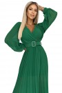  414-3 KLARA pleated dress with a belt and a neckline - green 