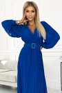  414-5 KLARA pleated dress with a belt and a neckline - royal blue 