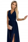  362-7 JUSTINE Long dress with a neckline and a tie - navy blue 
