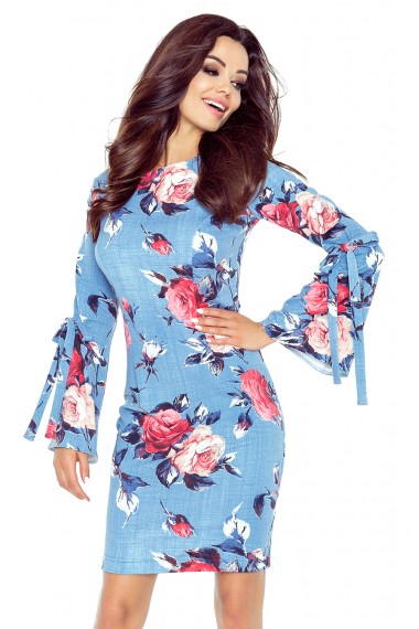  427-1 Dress with flared tied sleeves - red large roses on dark denim 