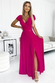  411-5 CRYSTAL long shimmering dress with a neckline - fuchsia 