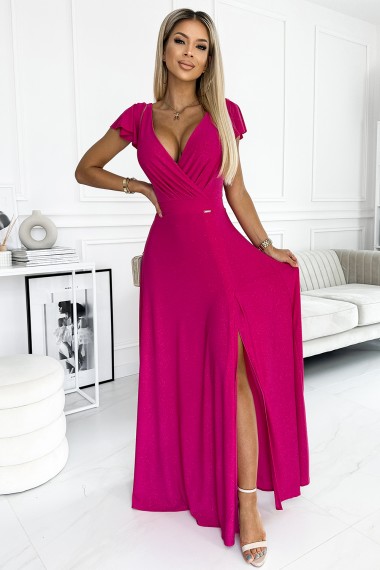  411-5 CRYSTAL long shimmering dress with a neckline - fuchsia 