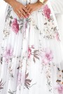  434-6 LISA Pleated midi dress with a neckline and frills - spring flowers on a white background 