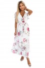 434-6 LISA Pleated midi dress with a neckline and frills - spring flowers on a white background 