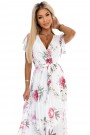  434-6 LISA Pleated midi dress with a neckline and frills - spring flowers on a white background 
