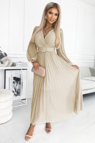  414-8 KLARA pleated dress with a belt and a neckline - beige 