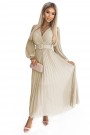  414-8 KLARA pleated dress with a belt and a neckline - beige 