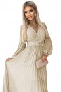  414-8 KLARA pleated dress with a belt and a neckline - beige 