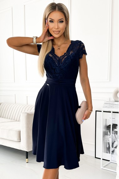  381-4 LINDA - chiffon dress with lace neckline - Navy blue 