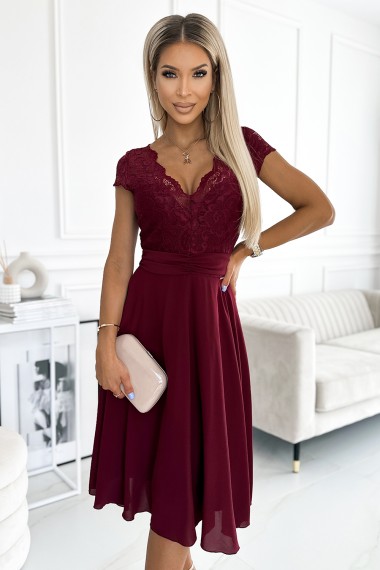  381-5 LINDA - chiffon dress with lace neckline - Burgundy color 