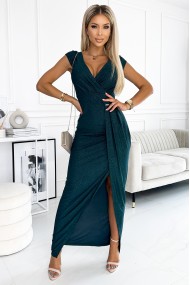  451-1 Shiny dress with short sleeves, neckline and a slit on the leg - green 