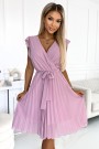  374-3 POLINA Pleated dress with a neckline and frills - dirty pink 