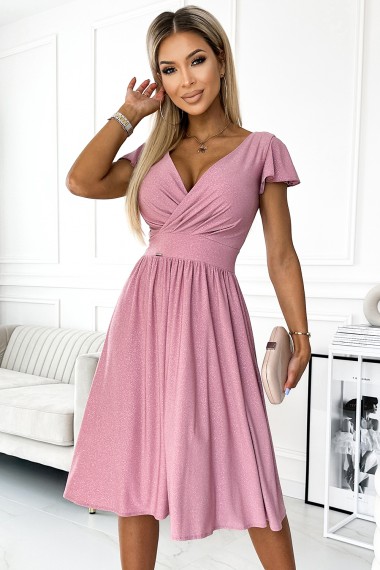  425-2 MATILDE Dress with a neckline and short sleeves - powder pink with glitter 