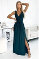  467-1 LOUISE brocade long dress with a neckline and a leg slit - green 