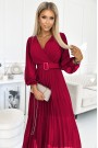  414-9 KLARA pleated dress with a belt and a neckline - Burgundy color 