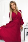  414-9 KLARA pleated dress with a belt and a neckline - Burgundy color 