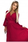 414-9 KLARA pleated dress with a belt and a neckline - Burgundy color 