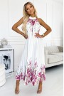  456-2 ESTER Pleated satin maxi dress - white with pink flowers 