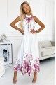  456-2 ESTER Pleated satin maxi dress - white with pink flowers 
