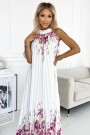  456-2 ESTER Pleated satin maxi dress - white with pink flowers 