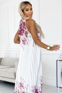  456-2 ESTER Pleated satin maxi dress - white with pink flowers 