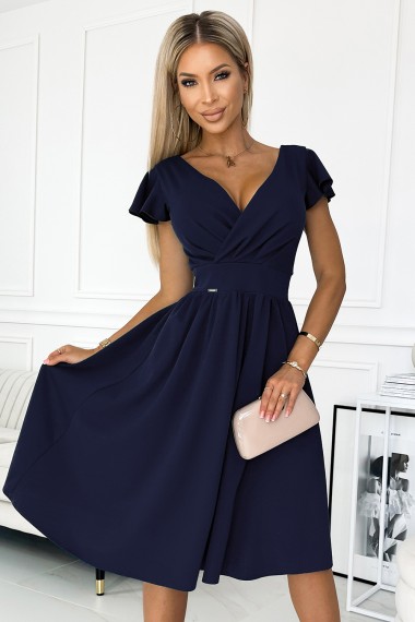  425-3 MATILDE Dress with a neckline and short sleeves - dark blue 