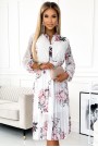  449-6 CARLA Pleated midi dress with buttons and long sleeves - roses on a white background 