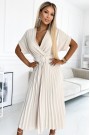  471-1 FELICIA Pleated midi dress with a neckline and a wide belt - beige 