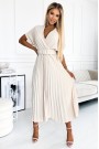  471-1 FELICIA Pleated midi dress with a neckline and a wide belt - beige 