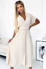  471-1 FELICIA Pleated midi dress with a neckline and a wide belt - beige 