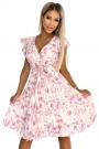  374-6 POLINA Pleated dress with a neckline and frills - pink flowers 